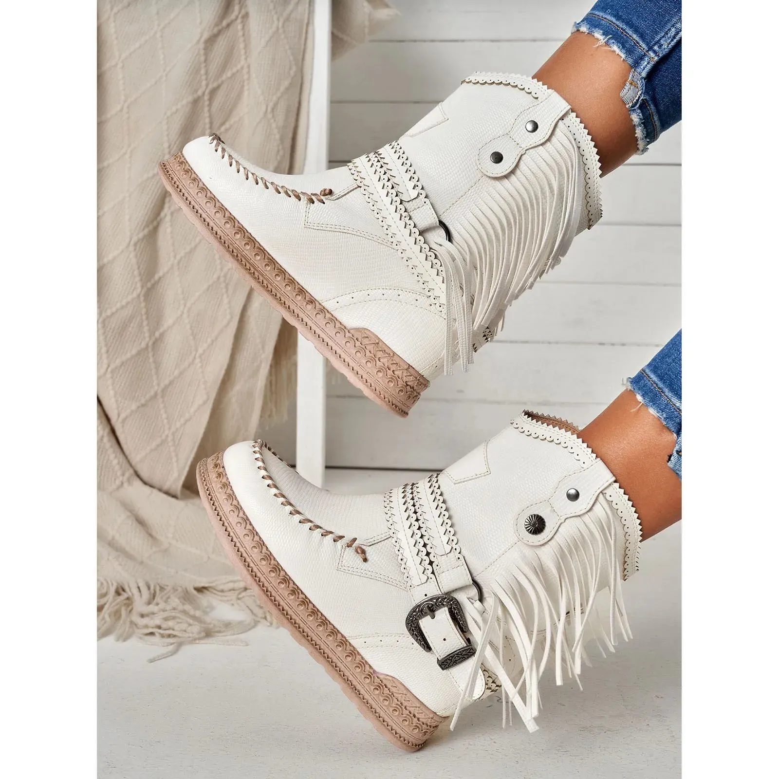 Ashore Shop Womens Boots Flat Vintage Women Fringed Western Cowboy Boots