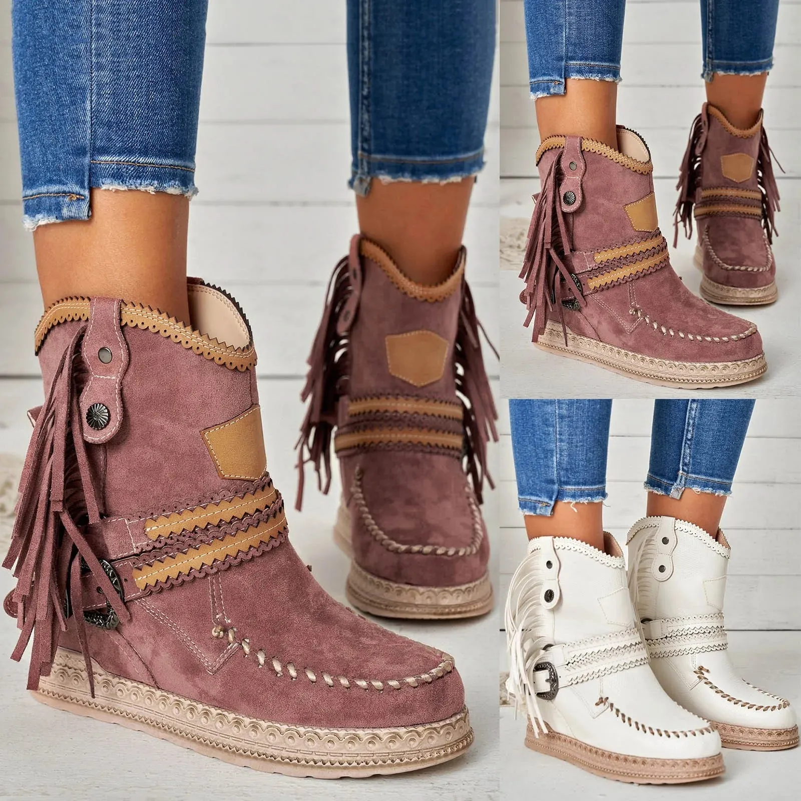 Ashore Shop Womens Boots Flat Vintage Women Fringed Western Cowboy Boots