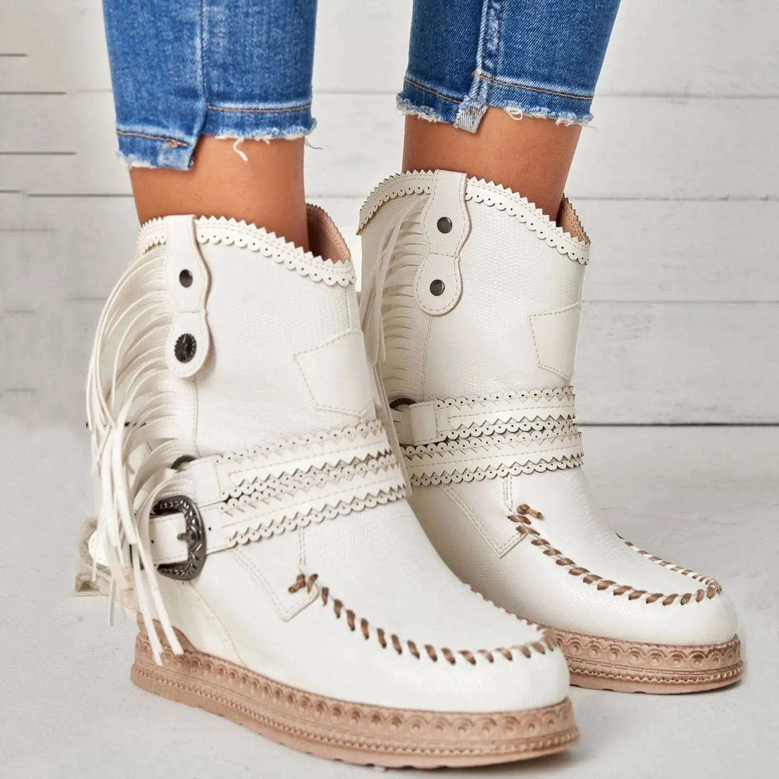 Ashore Shop Womens Boots Flat Vintage Women Fringed Western Cowboy Boots