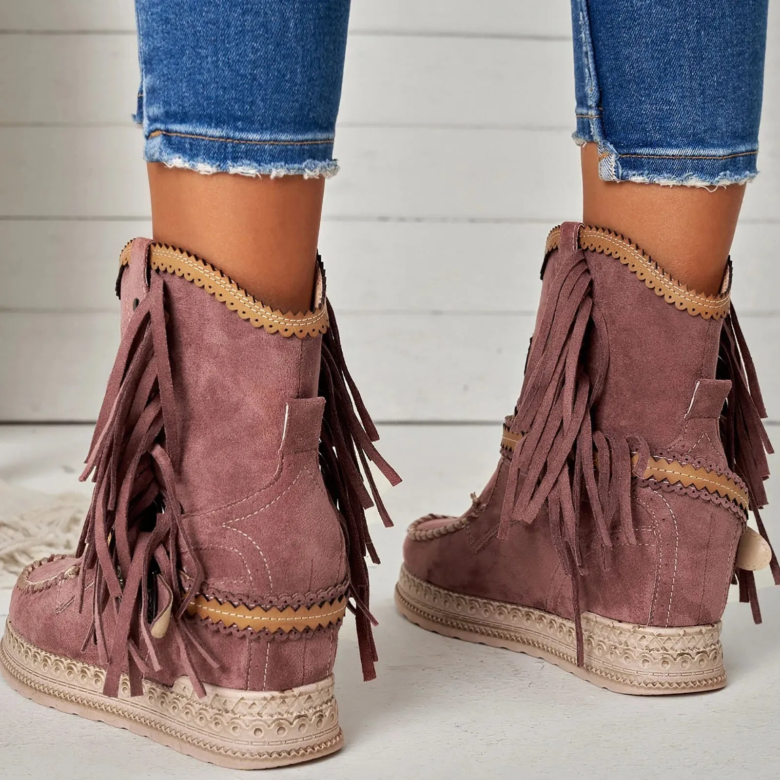 Ashore Shop Womens Boots Flat Vintage Women Fringed Western Cowboy Boots