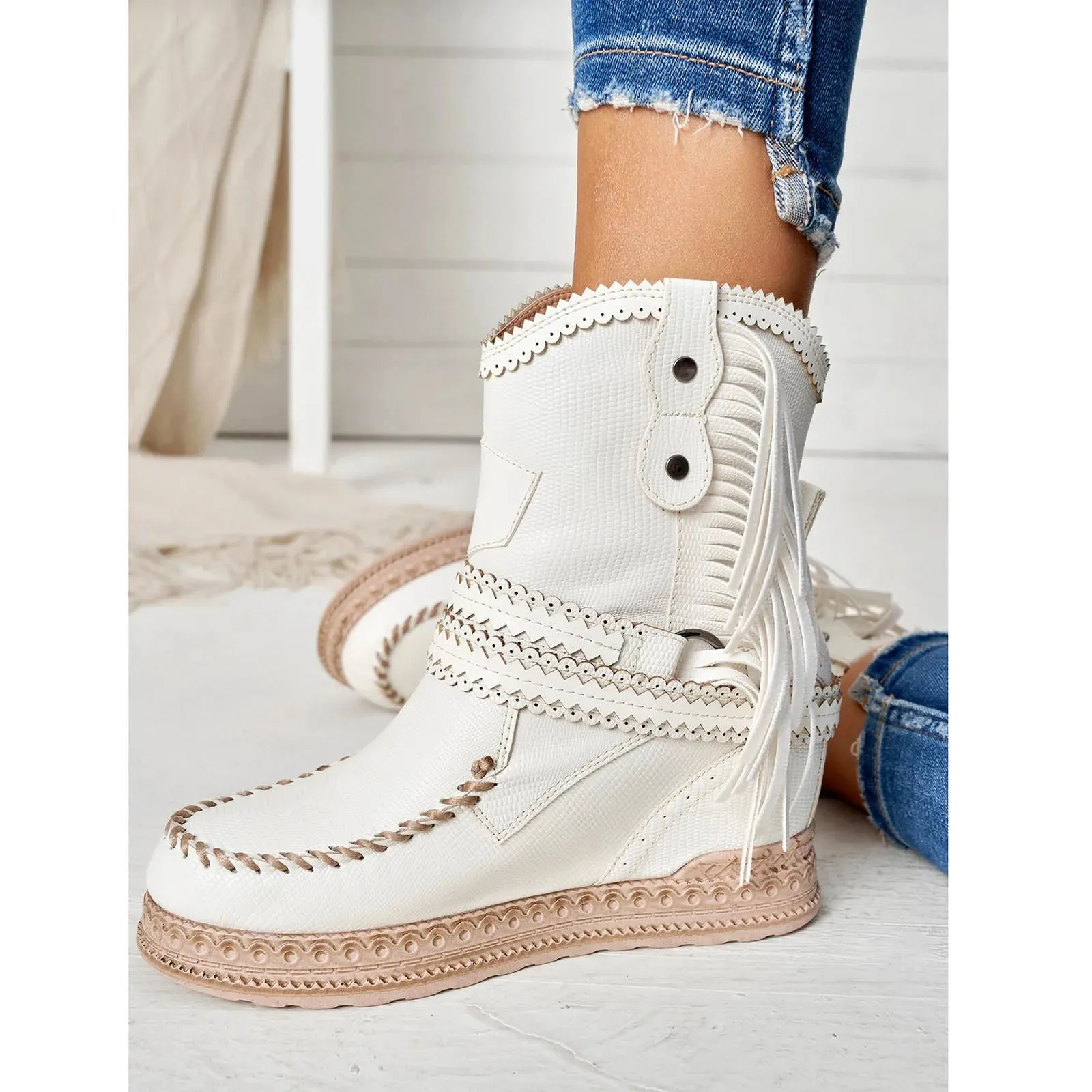 Ashore Shop Womens Boots Flat Vintage Women Fringed Western Cowboy Boots
