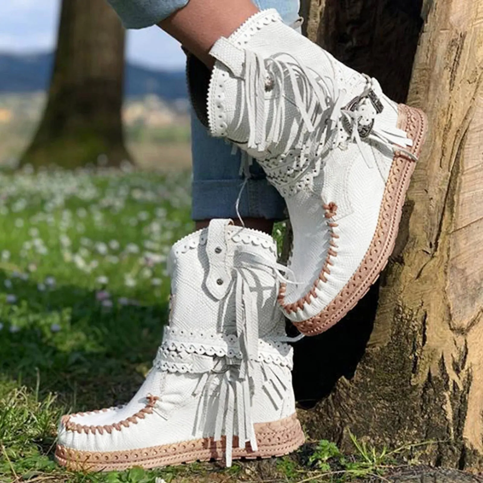 Ashore Shop Womens Boots Flat Vintage Women Fringed Western Cowboy Boots