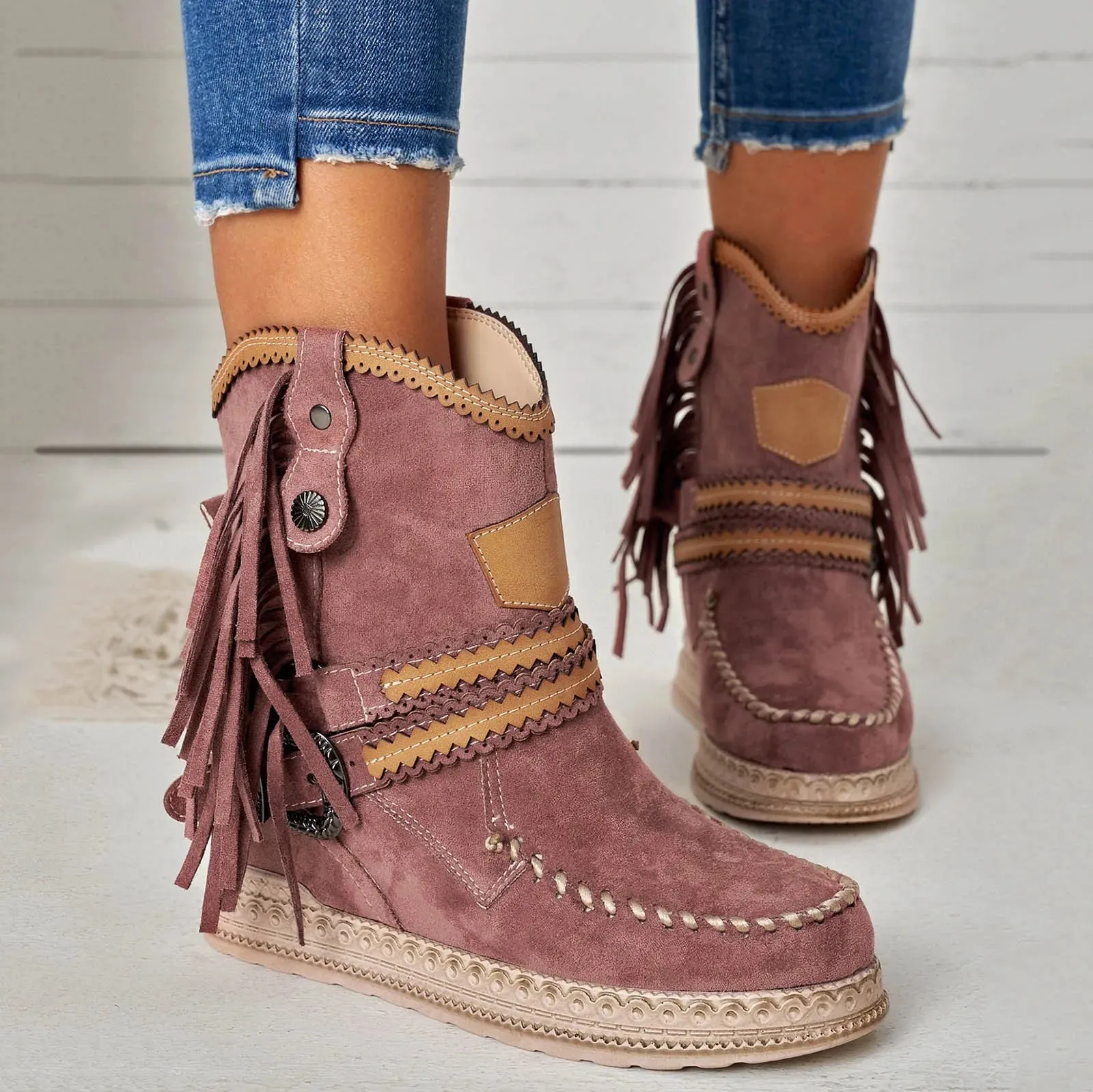 Ashore Shop Womens Boots Flat Vintage Women Fringed Western Cowboy Boots