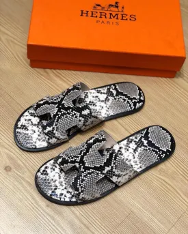 Hermes Izmir Men's Snake Skin Black Grey Leather Sandals