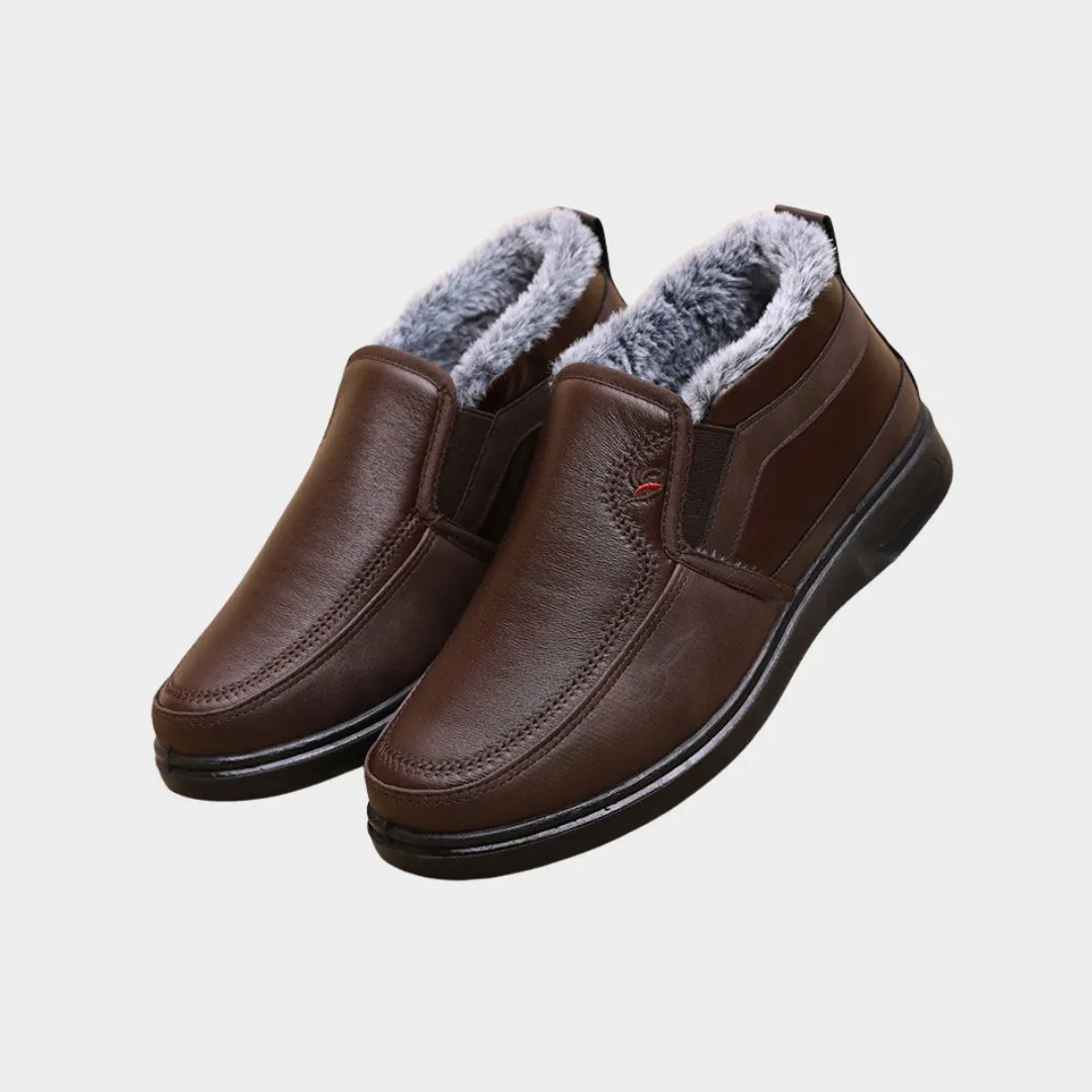 Mens Winter Cotton Shoes - Waterproof Anti-Slip Plush Warm Casual Snow Boots, Flat Sole Comfort Shoes, Black, Brown