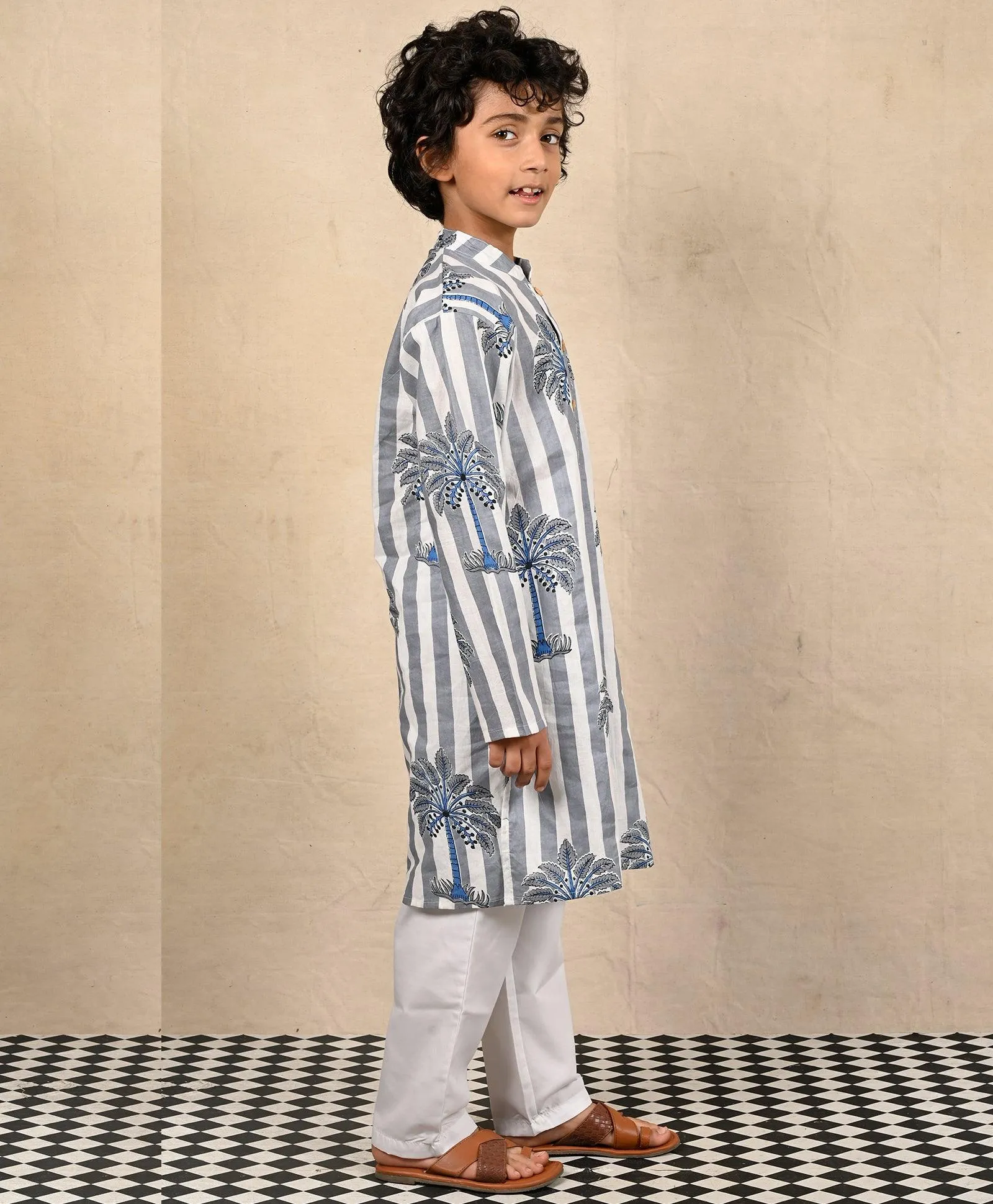STRIPED FESTIVE PRINTED PURE COTTON KURTA PYJAMA SET - WHITE